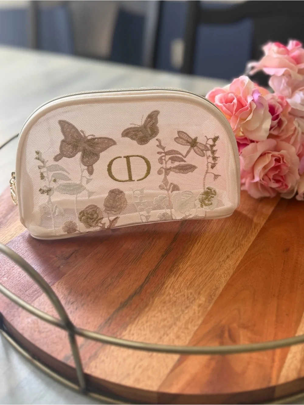 Dior Embroidered Butterfly Cosmetic Pouch - Cream & Gold and Gift Bag GWP